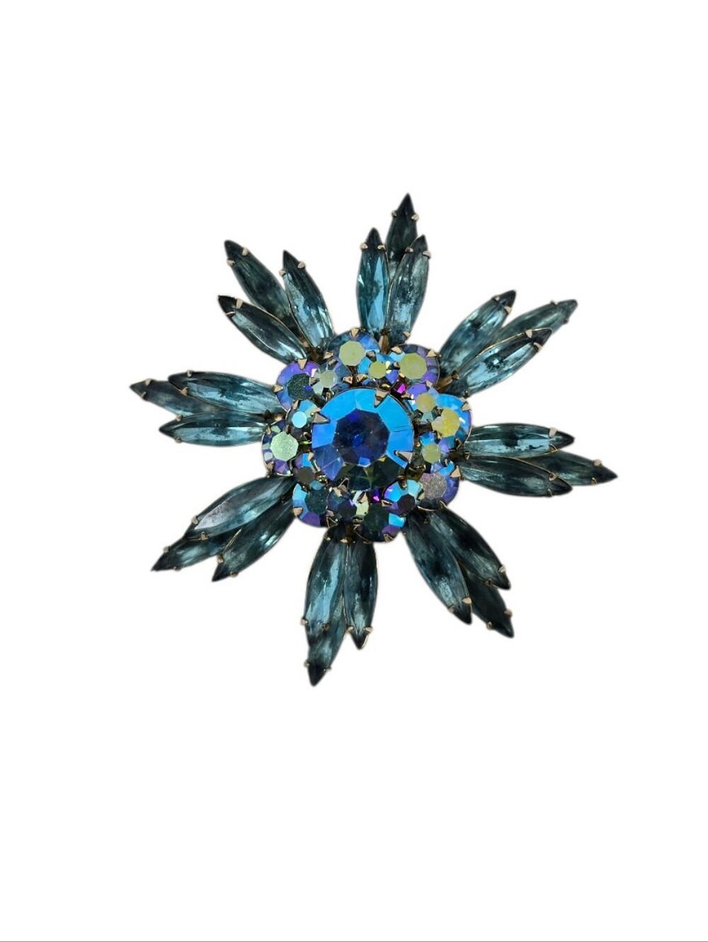 Vintage Judy Lee AB Rhinestone Starburst Brooch Teal Green Aquamarine 2.5"